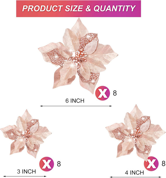 Boao 24 Pieces Christmas Artificial Glitter Poinsettia Flowers Xmas Flowers Wedding Christmas Tree Year Ornaments(Rose Gold)