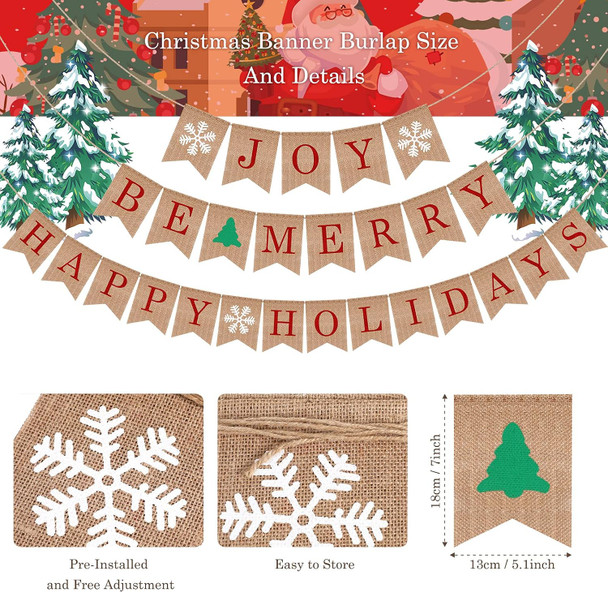 6 Pieces Christmas Burlap Banner Felt Pom Garland Banner Be Merry Bunting Banner Happy Holidays Banner Joy Bunting Banner for Holiday Birthday Anniversary Decoration (Brown)