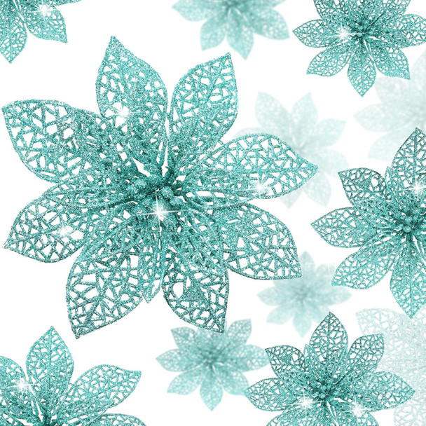 Boao 24 Pieces Christmas Poinsettia Tree Ornament Flowers Christmas Decor Glitter Ornament, 3/4/6 Inches(Blue-Green)