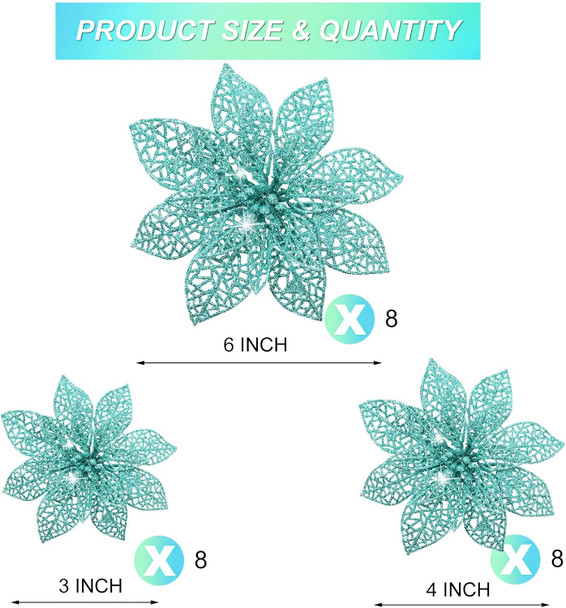 Boao 24 Pieces Christmas Poinsettia Tree Ornament Flowers Christmas Decor Glitter Ornament, 3/4/6 Inches(Blue-Green)