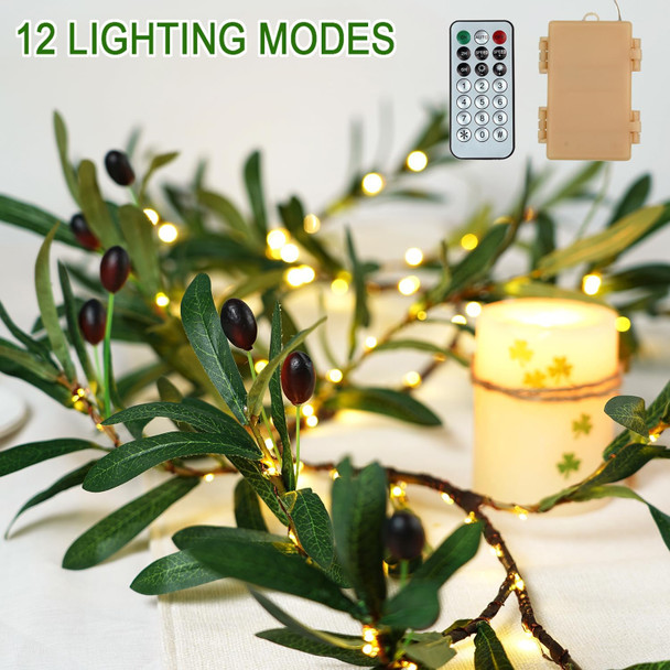 BOHON Greenery Garland Lighted Olive Branches 6FT 96 LEDs Fairy Lights Battery Operated with Timer, Artificial Olive Green Vine with Lights, Mantel Decorations for Fireplace Wall Tree Christmas Decor