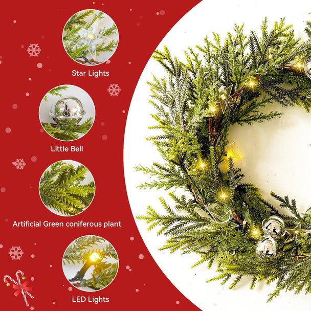 6.4FT Christmas Garland Decorations with Led & Star Lights, Faux Spruce Evergreen Garland Prelit Garland Indoor Christmas Decor with Silver Jingle BellsMantel Garland for Xmas Eve Fireplace Stairs