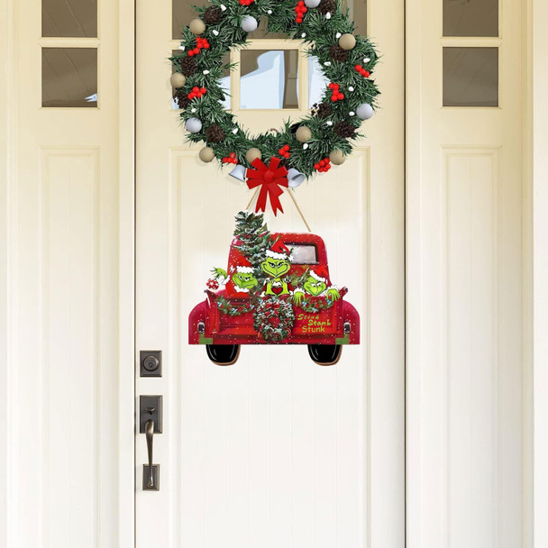 Christmas Door Hanging Sign Decorations, Wooden Christmas Wall Hanging Decor, Truck Wreath Pattern Front Door Signs for Porch Wall Indoor Outdoor Holiday Decor (Green)