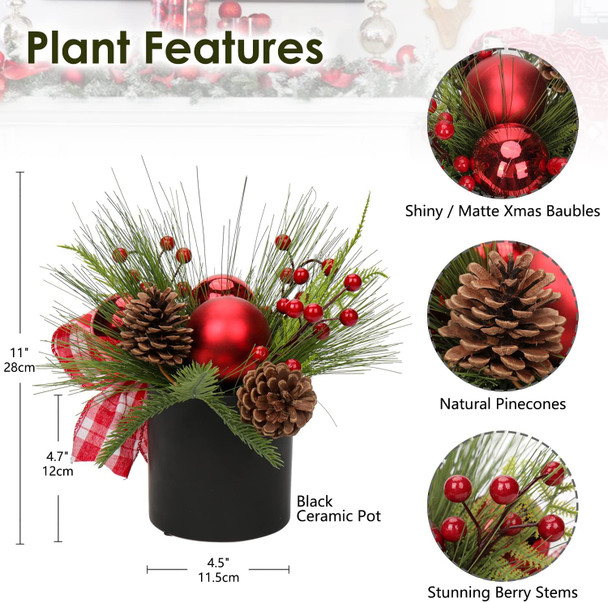 Briful 10 Inch Mini Christmas Tree Artificial Potted with Pinecones Berries and Red Xmas Ball Ribbon Christmas Arrangements Centerpieces Ornaments in 4.7'' Black Ceramic Pot for Home Indoor Table