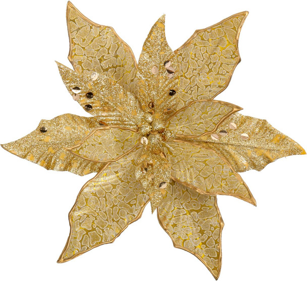 Briful 12'' Large Heads Christmas Glitter Poinsettia Flowers Christmas Tree Ornaments Set of 4 Artificial Flowers with Long Stems for Xmas Tree Party DIY Holiday Decorations,Gold