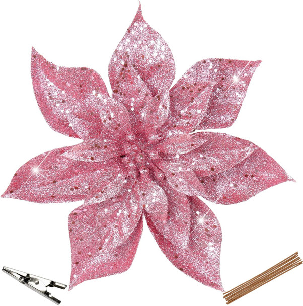 Briful 9'' Christmas Poinsettia Flowers 8PCS Pink Glitter Artificial Flowers Large Christmas Ornament Flowers for Xmas Tree Wreath Garland Decoration