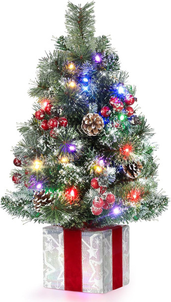 Brightever 2FT Small Christmas Tree, Prelit Mini Christmas Tree with 50 Multi-Color LED Lights, Unique Box Base, Battery Operated Little Xmas Tree for Table Top, Pinecone & Berries Included