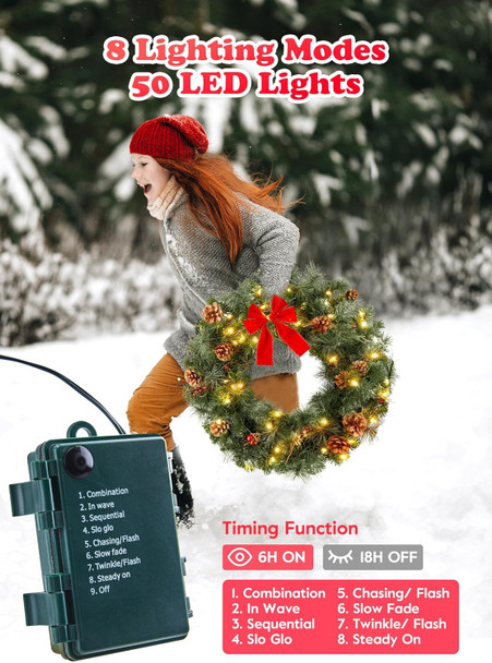 24 Inch Pre-Lit Handcrafted Christmas Wreath for Front Door, IP44 Battery Operated 50 LED Christmas Wreaths, Decor with Pinecones Pine Needles Branches Red Berry Mini Bow, Wreaths for Door Wall Window