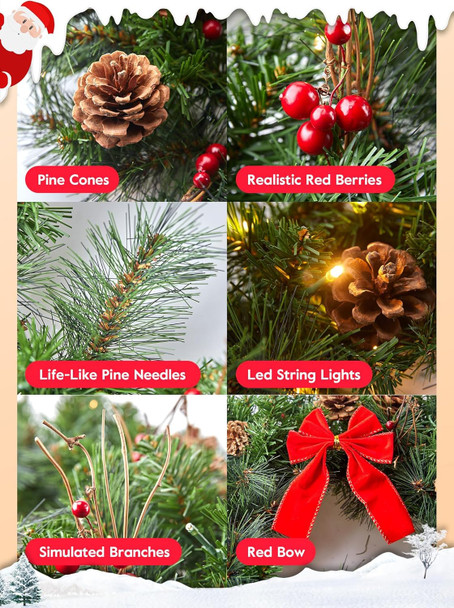24 Inch Pre-Lit Handcrafted Christmas Wreath for Front Door, IP44 Battery Operated 50 LED Christmas Wreaths, Decor with Pinecones Pine Needles Branches Red Berry Mini Bow, Wreaths for Door Wall Window