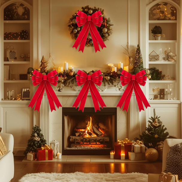 2 Pcs Red Christmas Bows Outdoor Decorations - 16”x24” Large Christmas Tree Topper Bow, Velvet Wreath Bow with Glitter Gold Edge for Xmas Home Front Door Decor