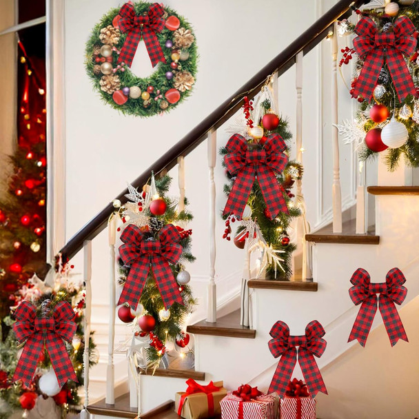 12 Pack Christmas Wreath Bow Buffalo Plaid Bows, Red and Black Christmas Tree Bows Xmas Bows Decoration for Indoor and Outdoor, (8 x 10 Inches)