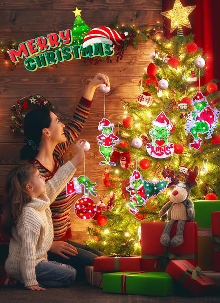 Brightown Christmas Window Lights Decorations, Lighted Christmas Hanging Lights Stole Green Monster Shaped Battery Operated with Suction Cup Hook for Xmas Tree Fireplace Window Indoor Decor