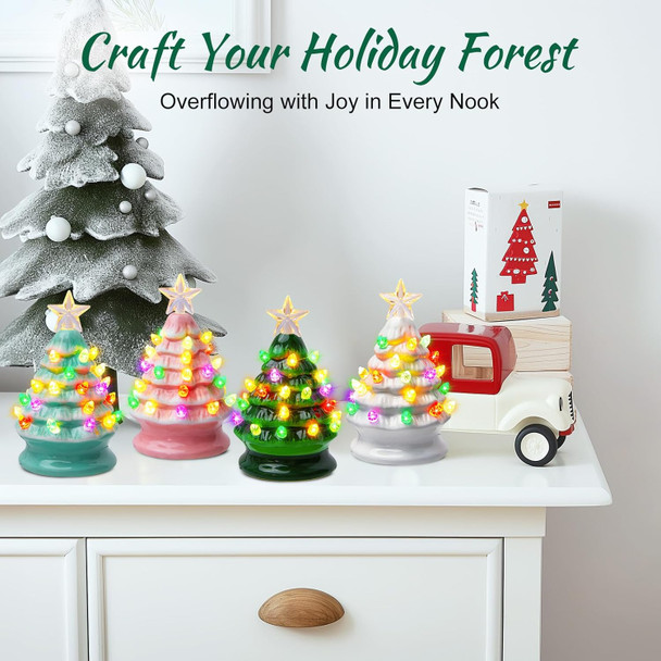 5 Inch Mini Ceramic Christmas Tree Set - 4 Pack Pre-lit Tabletop Christmas Tree with Multicolored LED Light, Battery Operated Small Lighted Tree for Home Table Holiday Decoration, 2 White and 2 Green