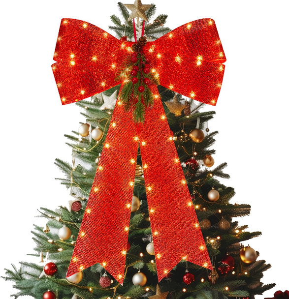 LED Red Bows Christmas Decorations, 16'' x 24'' Christmas Bows for Wreaths with Timer, Tree Topper Bow with Realistic Red Berries Pine Cone Needles for Christmas, Party, Home Decoration