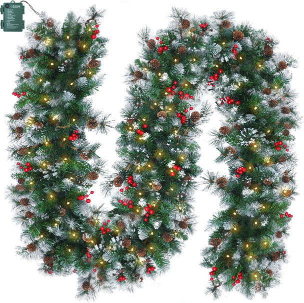 Brightown Christmas Garland with Lights, 9ft 100LED Battery Operated Garland Decorated with Pine Cones, Berry, 8 Light Modes & Timer, Indoor & Outdoor Christmas Lights for Stairs Fireplace Door Fences