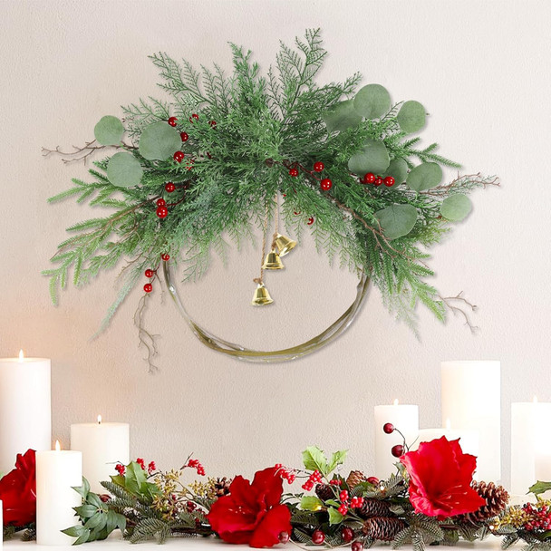 Bsmathom 20 Inch Artificial Christmas Wreath with Packaging, Artificial Door Wreath with Bell,Red Berry Leave Faux Wreath for Holiday Party Indoor Outdoor Windows Walls Decoration