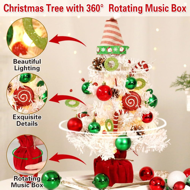 Mini White Christmas Tree, Small Flocked Christmas Tree with Lights and Music Tabletop Artificial Pre-lit Xmas Tree Christmas Decorations Indoor Outdoor for Home Decor Party s
