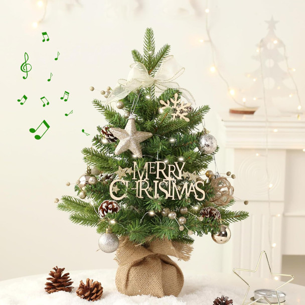 Mini Christmas Tree, Tabletop Small Christmas Tree Green Prelit Christmas Tree with Music Artificial Xmas Tree with Xmas Ornaments Christmas Decorations Indoor Outdoor for Home Party