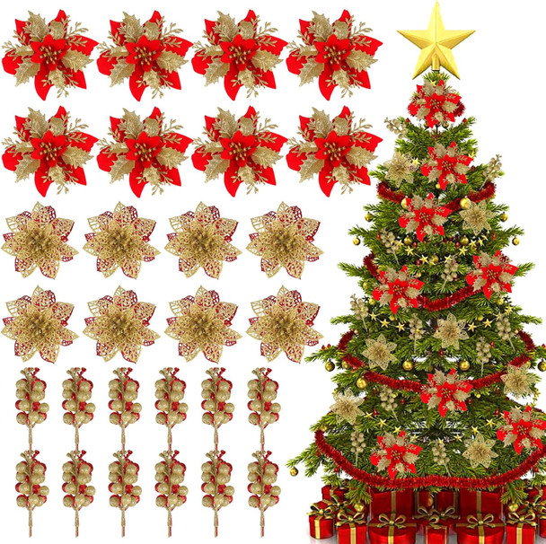 BSTDECOR Red Gold Poinsettia Flowers for Christmas Tree, 28 Pack Christmas Flowers Artificial and Berry Stems for Christmas Decorations Home Decor for Holiday Weeding Wreath Party Indoor Outdoor