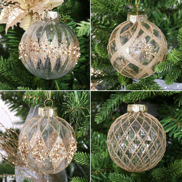 12 PCS Champagne Christmas Ornaments, 80mm/3.15 Inches Clear Christmas Decorations Large Shatterproof Luxury Hand-Painted Xmas Ball Ornaments for Christmas Tree Rustic Farmhouse Wedding Home Decor