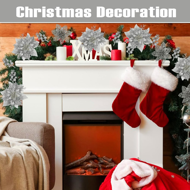 Sliver Christmas Flowers Artificial, 28 Pack sliver Poinsettia Artificial Christmas Flowers and Berry Stems for Christmas Tree decorations Xmas home Decor for Wreath Holiday Party indoor outdoor