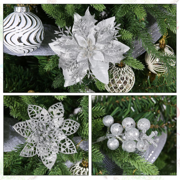 Sliver Christmas Flowers Artificial, 28 Pack sliver Poinsettia Artificial Christmas Flowers and Berry Stems for Christmas Tree decorations Xmas home Decor for Wreath Holiday Party indoor outdoor
