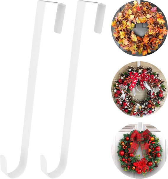 Wreath Door Hanger 12" Wreath Hanger for Front Door 2 Pcs White Over The Door Wreath Hook Metal Garland Hanger Back Door Wreath Holder for Hanging Welcome Sign Hat Cloth Thanksgiving Christmas Decor