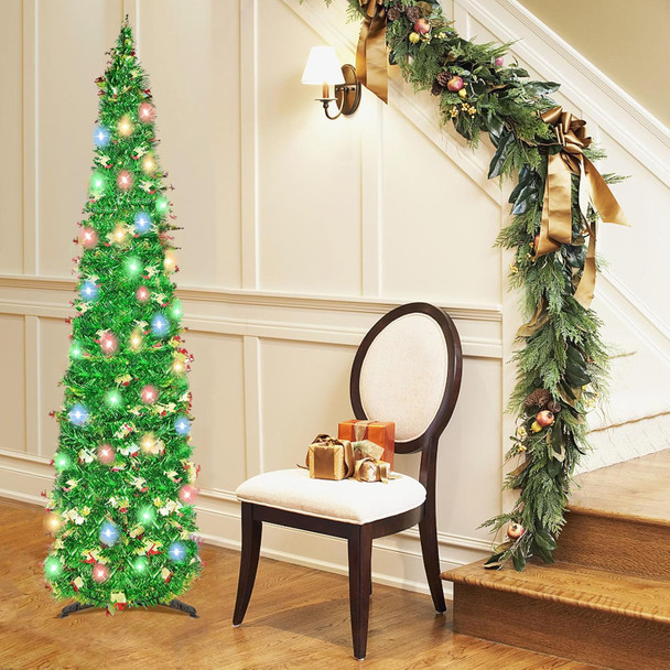 5FT Pop Up Christmas Tree with 90 LED Lights, Collapsible Christimas Tree Sled Sequins Tinsel Slim Pencil Christmas Xmas Tree for Home Holiday Fireplace Party Indoor Outdoor Decorations, Green