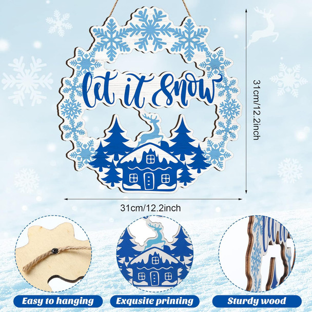 Christmas Snowflake Sign Winter Door Hanging Sign Let It Snow Wreath Welcome Snow Front Door Decorations Blue White Wood Snowflake Decor for Home Outdoor Farmhouse Wall Decor, 12 Inches