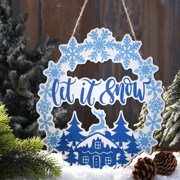 Christmas Snowflake Sign Winter Door Hanging Sign Let It Snow Wreath Welcome Snow Front Door Decorations Blue White Wood Snowflake Decor for Home Outdoor Farmhouse Wall Decor, 12 Inches