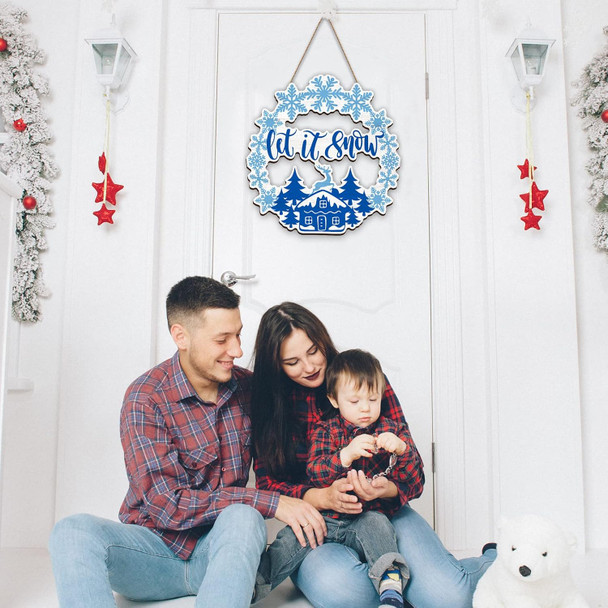 Christmas Snowflake Sign Winter Door Hanging Sign Let It Snow Wreath Welcome Snow Front Door Decorations Blue White Wood Snowflake Decor for Home Outdoor Farmhouse Wall Decor, 12 Inches
