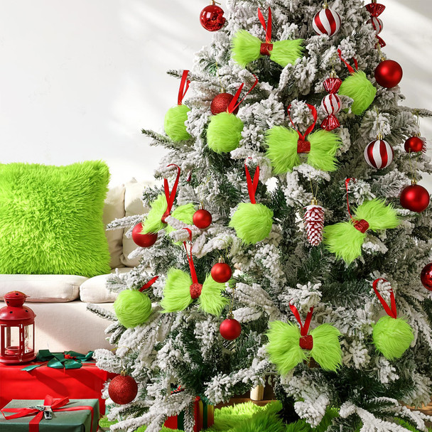 Christmas Decorations Indoor: 12pcs Green Plush Faux Fur Christmas Tree Ornaments, Fluffy Grinchmas Hanging Bows Xmas Ball Ornaments for Tree Garland Fireplace, Home School Office Décor