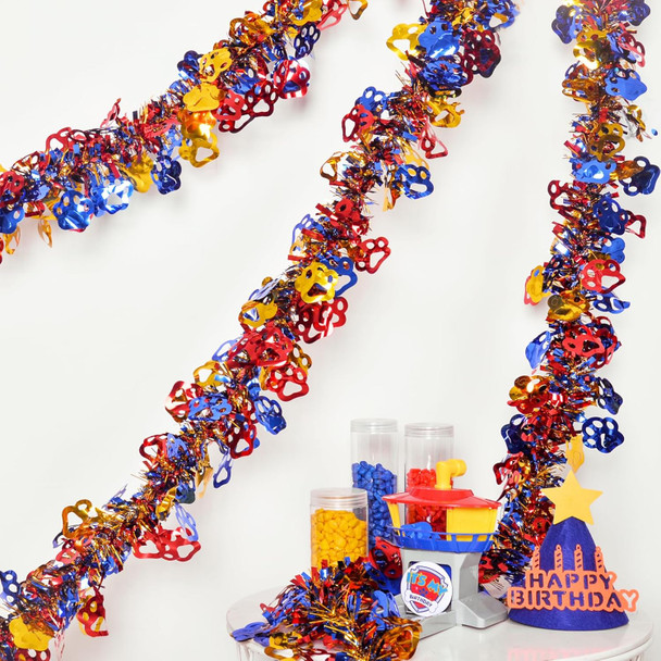Dog Paw Tinsel Garland, 26.24 FT Gold Red and Blue Dog Paw Metallic Tinsel Twist Garland Shiny Hanging Decoration for Birthday Wedding Christmas Pride Month Parade Floats Home Indoor Outdoor