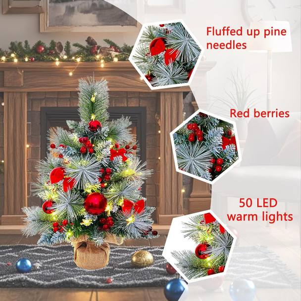 Small Christmas Tree with 50 Lights，22 Inches Artificial Tabletop Mini Christmas Tree with Pine Needle Branches Red Berries Red Bowknots Christmas Decorations for Home Store Party Holiday