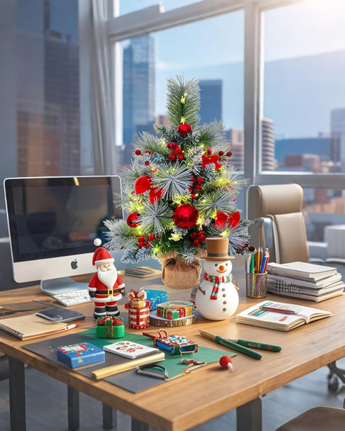 Small Christmas Tree with 50 Lights，22 Inches Artificial Tabletop Mini Christmas Tree with Pine Needle Branches Red Berries Red Bowknots Christmas Decorations for Home Store Party Holiday