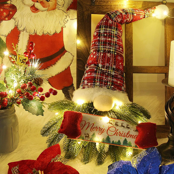 Christmas Gnome Wreath Decorations for Front Door - Santa Christmas Gnome Doorknor Hanging Ornaments with Pine Needle - Xmas Wall Decor Sign with Lights for Porch Window Home Indoor Outdoor