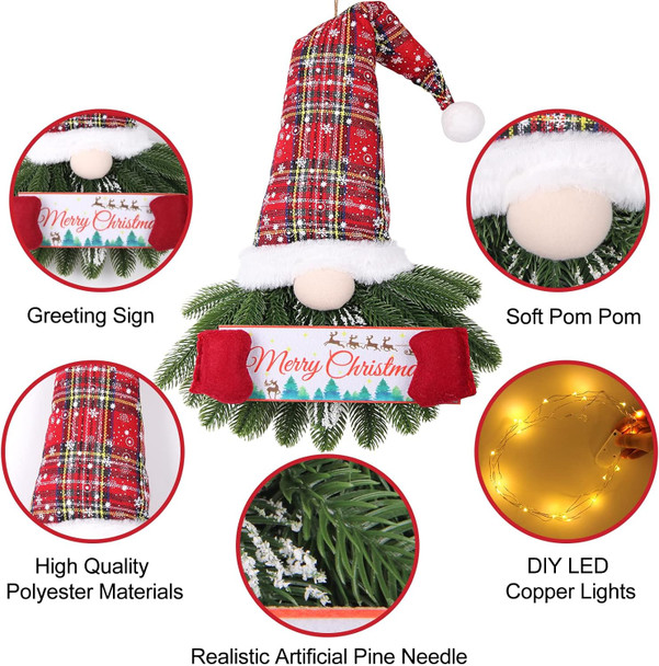 Christmas Gnome Wreath Decorations for Front Door - Santa Christmas Gnome Doorknor Hanging Ornaments with Pine Needle - Xmas Wall Decor Sign with Lights for Porch Window Home Indoor Outdoor