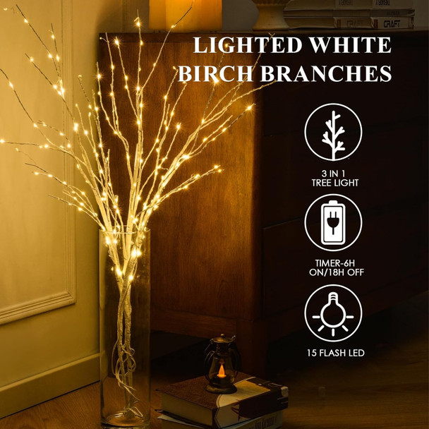 Lighted White Birch Branches with Timer 33IN 180 LED Twig Birch Branches for Vase Chriatmas Decor Artificial Birch Tree Branch Holiday Home Party Wedding Decoration Indoor Outdoor