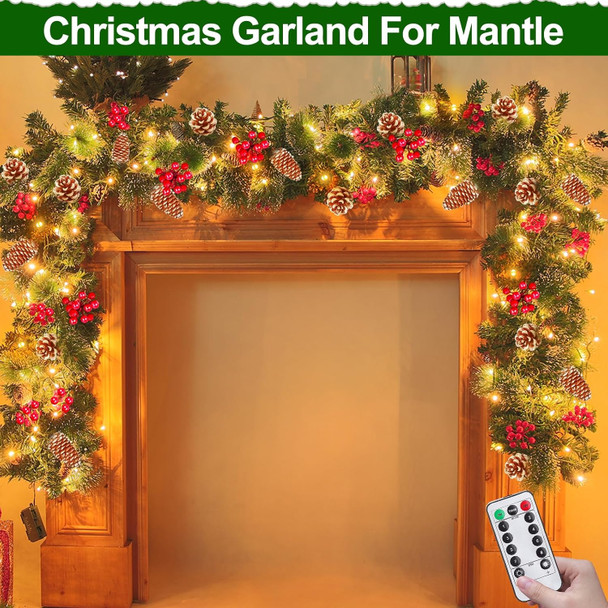 Remote Control&Timer&8 Modes 9Ft by 10 Inch 50 LED Prelit Christmas Garland Decorations Warm Lights Thick 300 Lifelike Snowy Tips 198 Red Berries 18 Pinecones Xmas Garland Fireplace Door Stairs Home