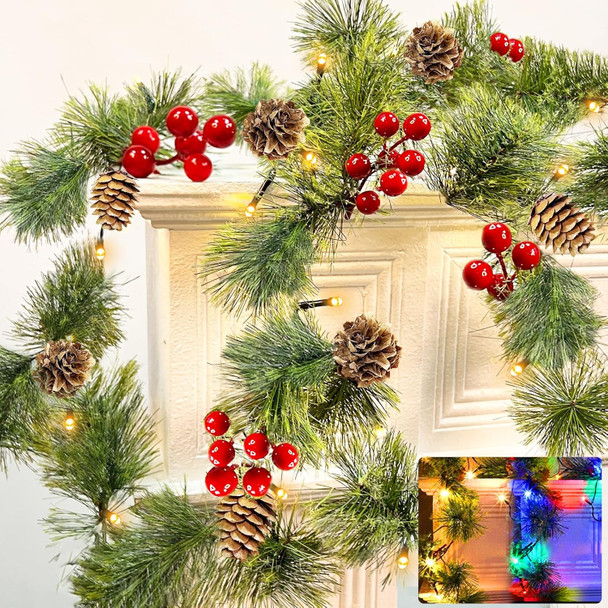 6FT Christmas Garland with Lights, Pre-Lit Smokey Cedar Pine Garland 8 Modes Timer Warm White & Multicolored Lights Pine Cones Red Berried, Lighted Xmas Garland for Mantle Indoor Outdoor Home Decor