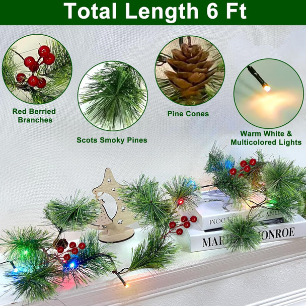 6FT Christmas Garland with Lights, Pre-Lit Smokey Cedar Pine Garland 8 Modes Timer Warm White & Multicolored Lights Pine Cones Red Berried, Lighted Xmas Garland for Mantle Indoor Outdoor Home Decor