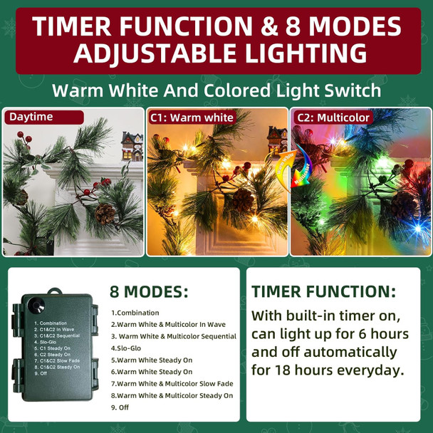 6FT Christmas Garland with Lights, Pre-Lit Smokey Cedar Pine Garland 8 Modes Timer Warm White & Multicolored Lights Pine Cones Red Berried, Lighted Xmas Garland for Mantle Indoor Outdoor Home Decor