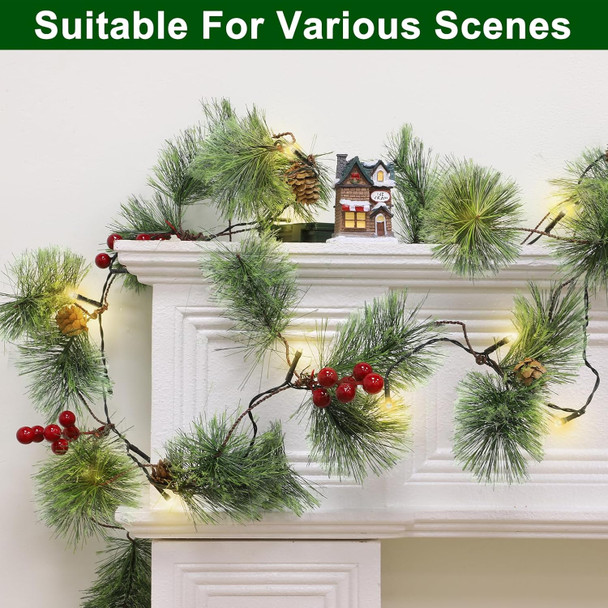 6FT Christmas Garland with Lights, Pre-Lit Smokey Cedar Pine Garland 8 Modes Timer Warm White & Multicolored Lights Pine Cones Red Berried, Lighted Xmas Garland for Mantle Indoor Outdoor Home Decor