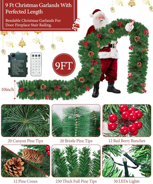 Remote Control & Timer 12 Modes 9 Ft Prelit Christmas Garland Decorations 50 Warm White & Colorful Change Lights Cedar Garland 290 Scots Smoky Pine 12 Pinecone Red Berry Mantle Fireplace Xmas Garland