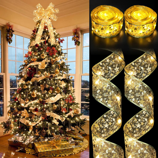 CandyHome 2 Pack Christmas Tree Decorations, Total 40 Ft 120 Led Gold Christmas Tree Ribbon Lights Battery Powered Double Layer Ribbon Bows for Home Party Holiday Year Wreath Christmas Tree Decor