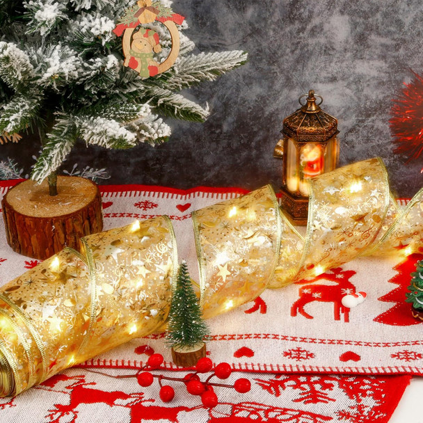 CandyHome 2 Pack Christmas Tree Decorations, Total 40 Ft 120 Led Gold Christmas Tree Ribbon Lights Battery Powered Double Layer Ribbon Bows for Home Party Holiday Year Wreath Christmas Tree Decor