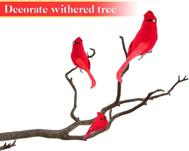 Set of 36 Cardinal Bird with Clip Handmade Christmas Artificial Birds Clip Ornaments Fake Tree Birds Artificial Birds for Christmas Tree Outdoor Wreaths Crafts, 2'', 4'', 6''(Red)