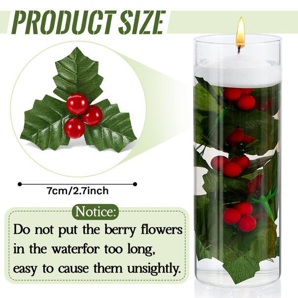 100 Pieces Christmas Holly Berries for Crafts Faux Berry Flowers Holly Leaves and Berries Christmas Wreath Fillers for Christmas Vase Fillers Floating Candle Table Centerpiece