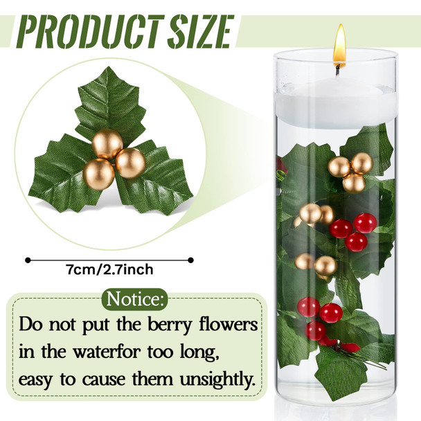 50 Pieces Christmas Holly Berries for Crafts Faux Berry Flowers Holly Leaves and Berries Christmas Wreath Fillers for Christmas Vase Fillers Floating Candle Table Centerpiece (Red, Gold)