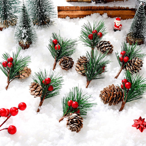 30 Pieces Christmas Artificial Pine Needle Artificial Pine Stems and 2 Pieces Hemp Rope for Xmas Party Wrapping Decor Wreaths Arrangement Tree Ornaments Wedding Supplies (Red)